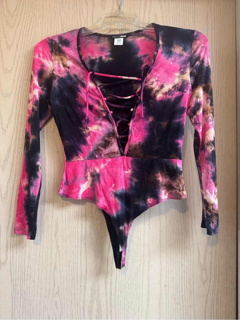 Fashion Nova "String You Along" Bodysuit Pink Black Tie Dye size Large